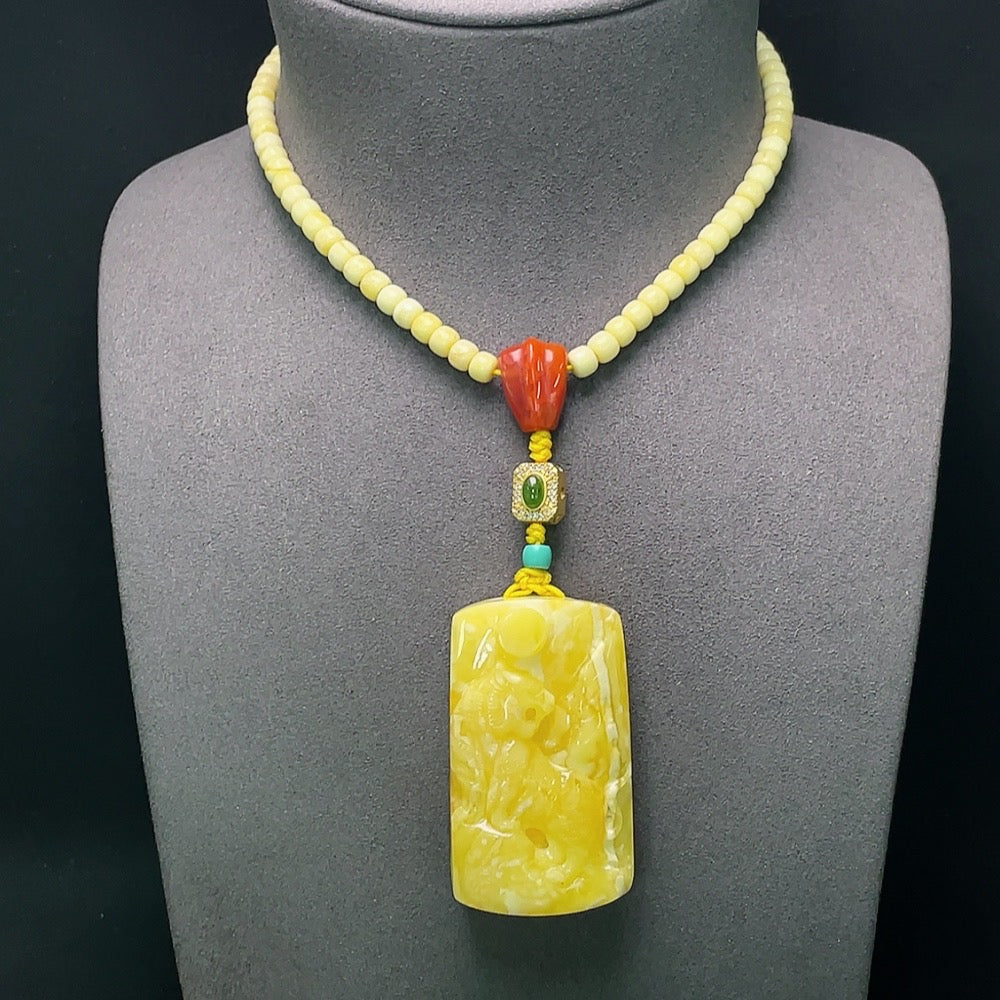 Amber Beeswax Pendant with Non-Natural/Non-Metal Accent Stones, Total Weight Approx. 37.25g (Incl. Chain)