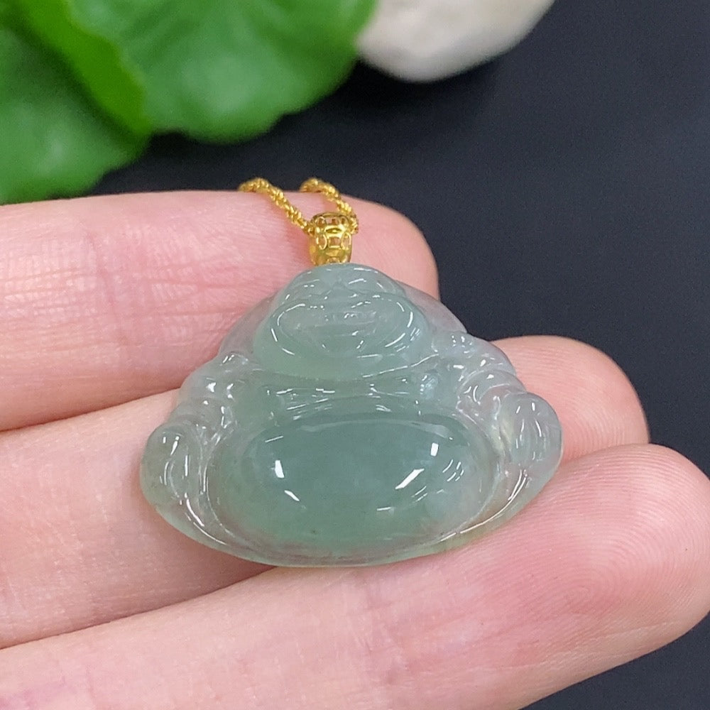 Jadeite Buddha Pendant with 18k Gold, Total Weight Approx. 5.2g (Including Chain)