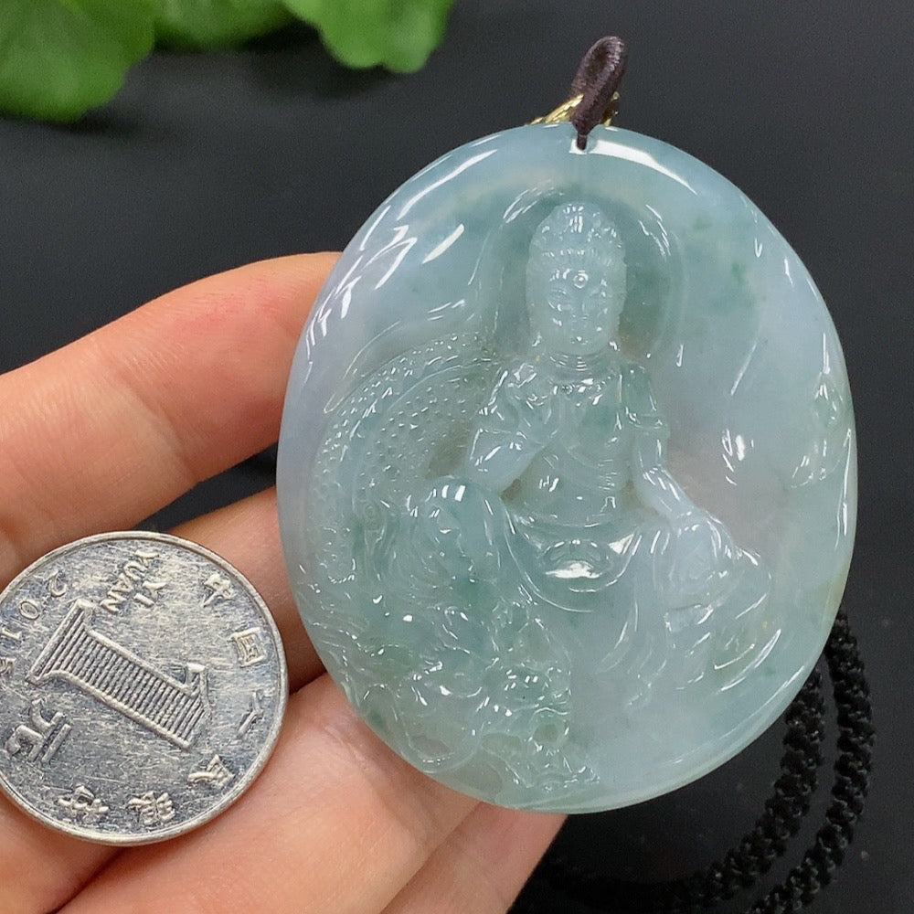 Jadeite Dragon-Guarding Guanyin Pendant (Non-Gold-Inlaid)