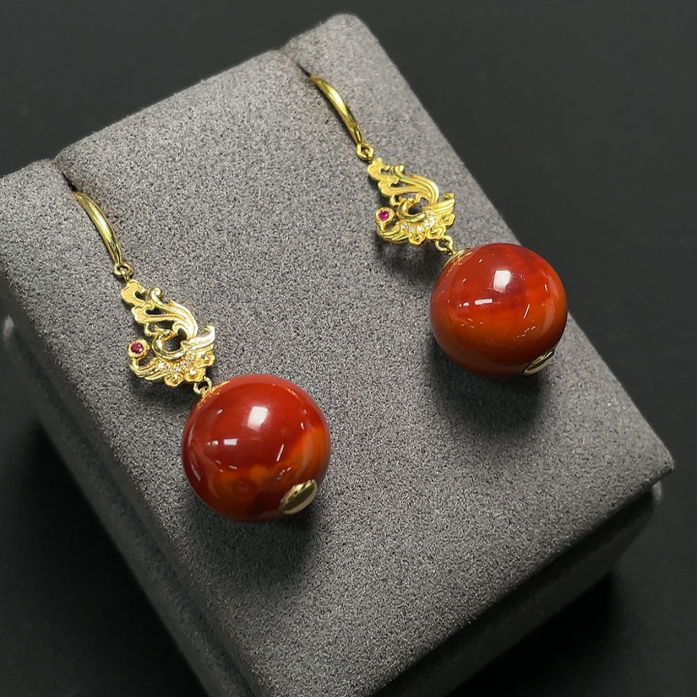 Red Agate Earrings with 18K Gold and Diamond Accents, Colorless, Visible Organic Matter, Non-Natural Accent Stones