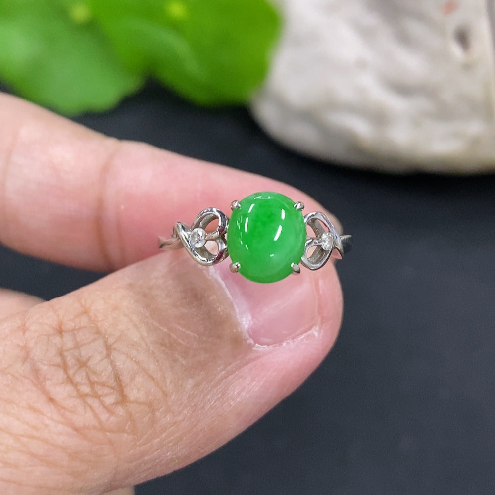 Jadeite cabochon ring with 18k gold setting, size 11.5, featuring a smooth green jade stone, HKHQ jewelry design