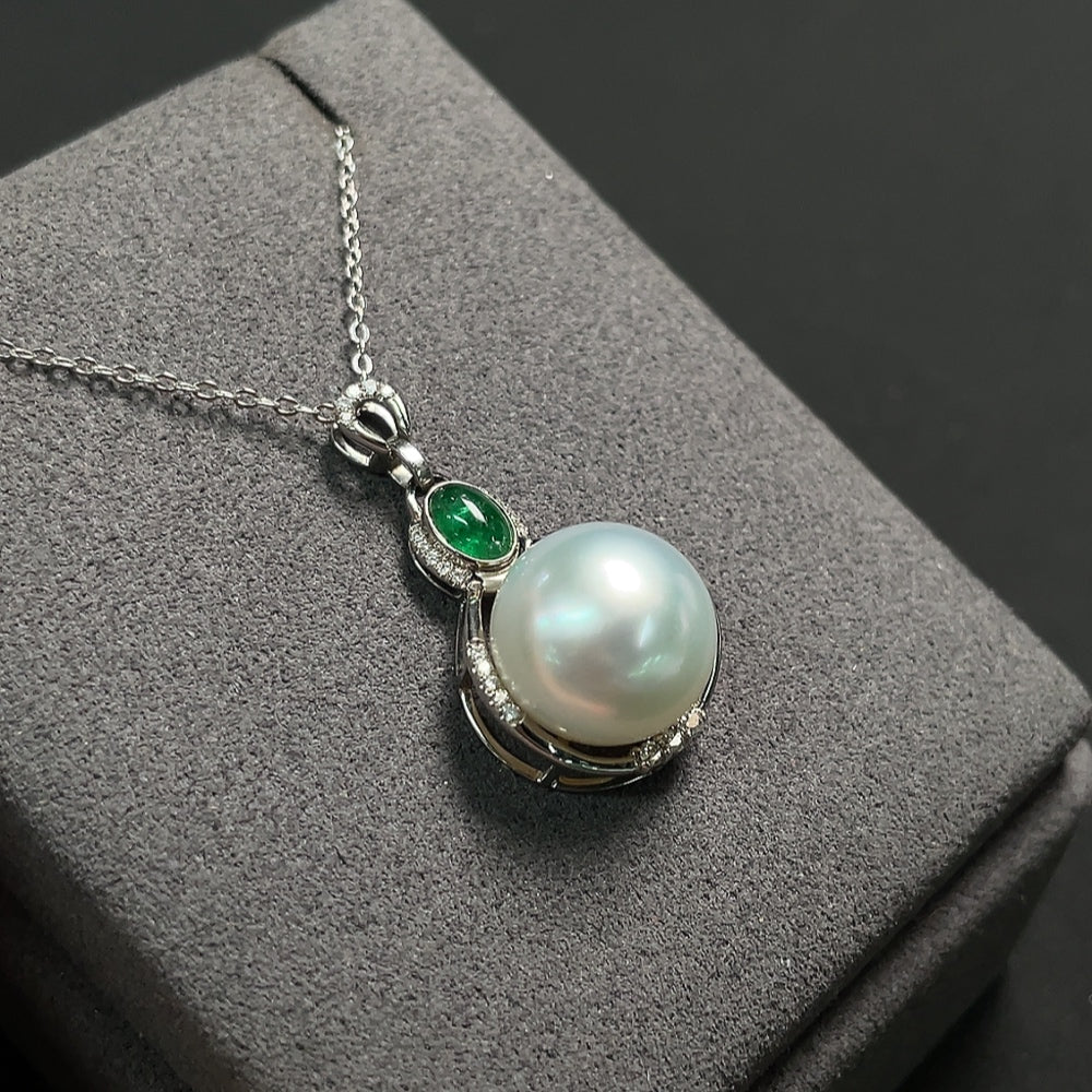 Seawater Pearl Pendant with Emerald, Clarity Enhanced, Accented with Diamonds, 18K Gold Pendant, Non-Gold Other Components, Size About 12.5mm