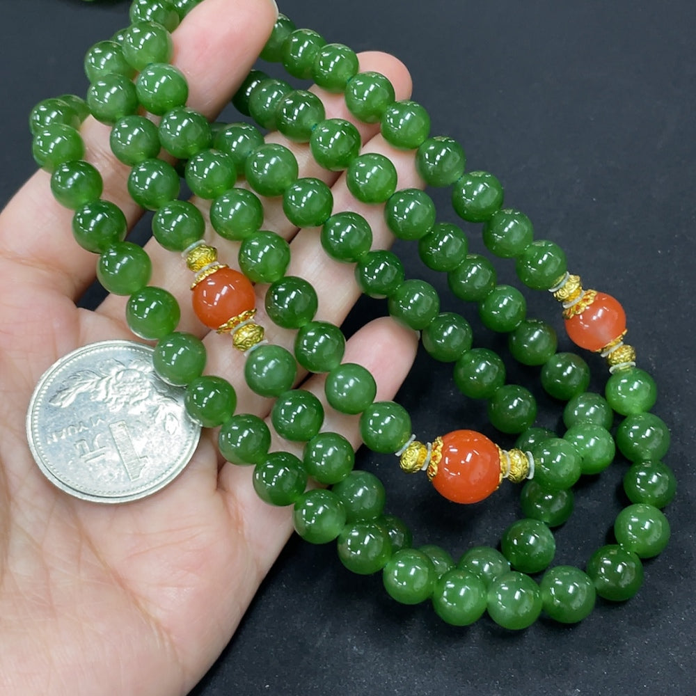 Green Hetian Jade Bead Necklace, Non-Gold, With Southern Red Agate