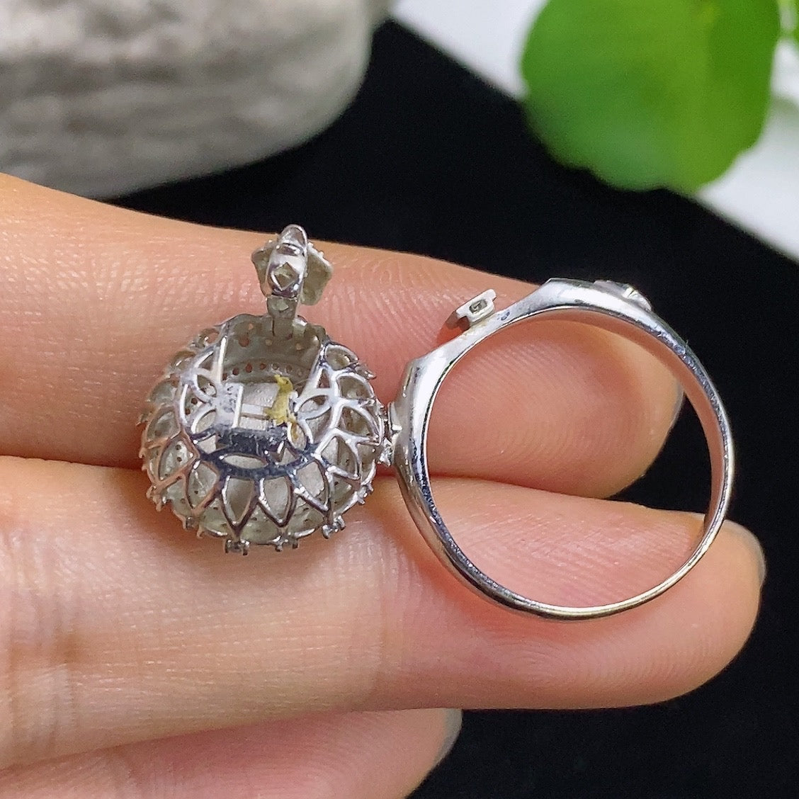 Jadeite Cabochon Ring/Pendant Convertible 18K with Diamond Accents