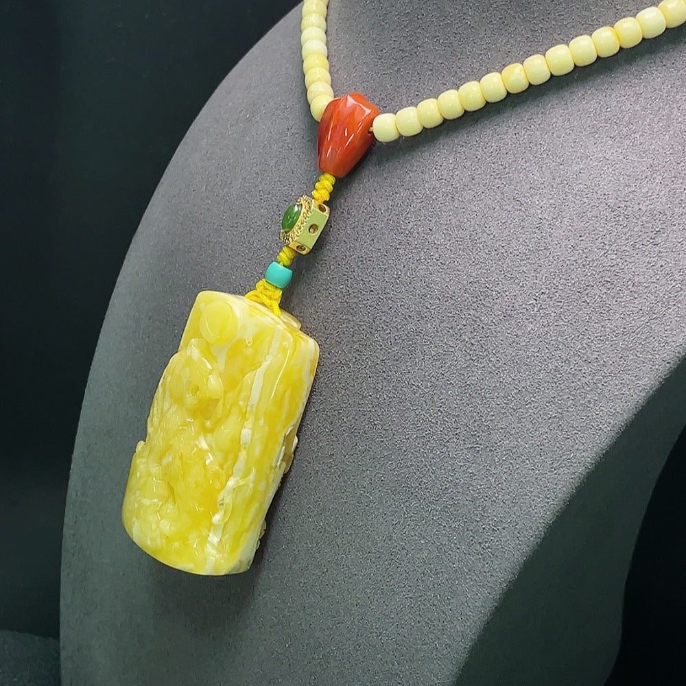 Amber Beeswax Pendant with Non-Natural/Non-Metal Accent Stones, Total Weight Approx. 37.25g (Incl. Chain)