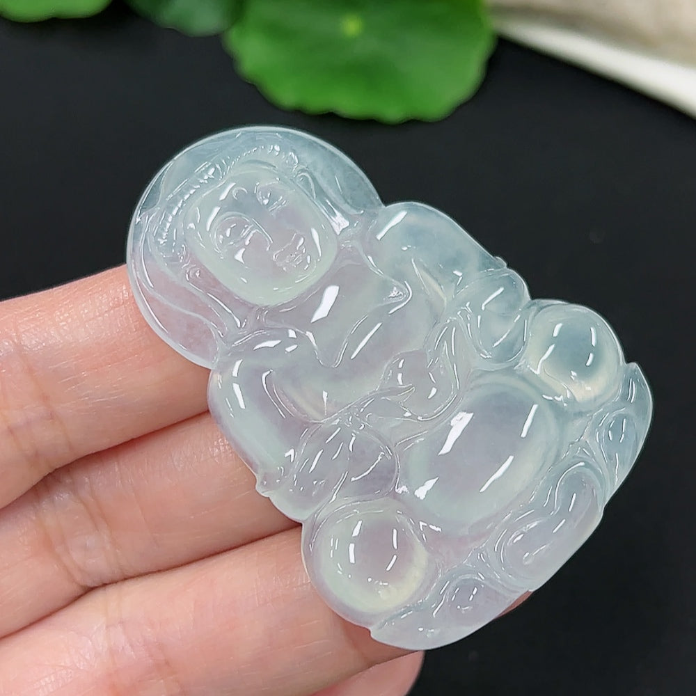Jadeite Guanyin pendant in green jade, detailed carving, weighs approximately 21.1 grams, crafted by HKHQ.