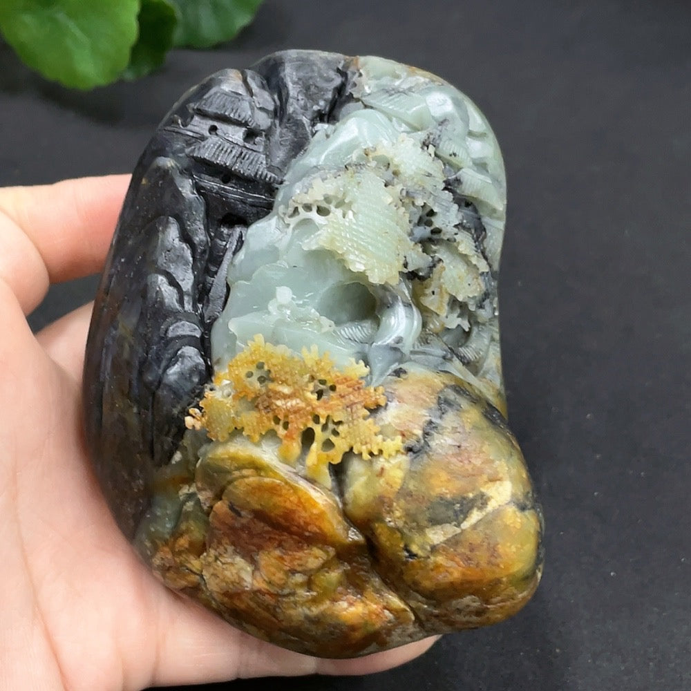 Hetian Jade Seed Material Handheld Piece - Landscape, Undetermined Skin Color Origin, Total Weight Approx. 432.2g