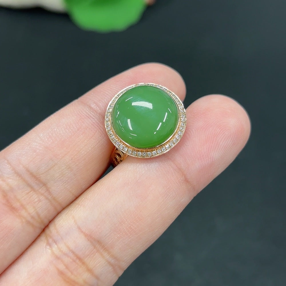 Hetian jade inlaid ring with diamond accents, size 14, 18k gold, weight 4.4g, by HKHQ, showcasing intricate craftsmanship.