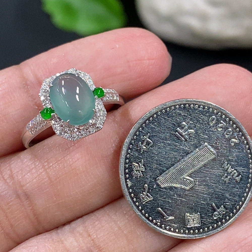Jadeite Cabochon Ring with 18K Gold and Diamond Accents, Size 14, Total Weight Approx. 1.79g
