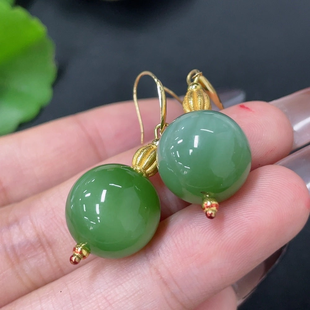 Hetian Jade Inlaid Earrings (Marked in Red + String Non-Gold, Rest 18k Gold, Card 14mm Approx., Total Weight Approx. 9.6g)