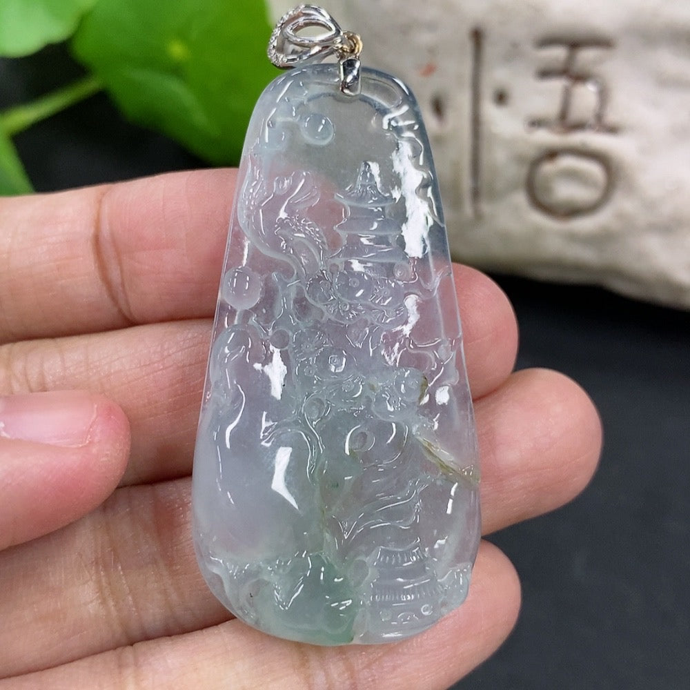 Jadeite Pendant Landscape Plaque with 18K Gold and Diamond Accents