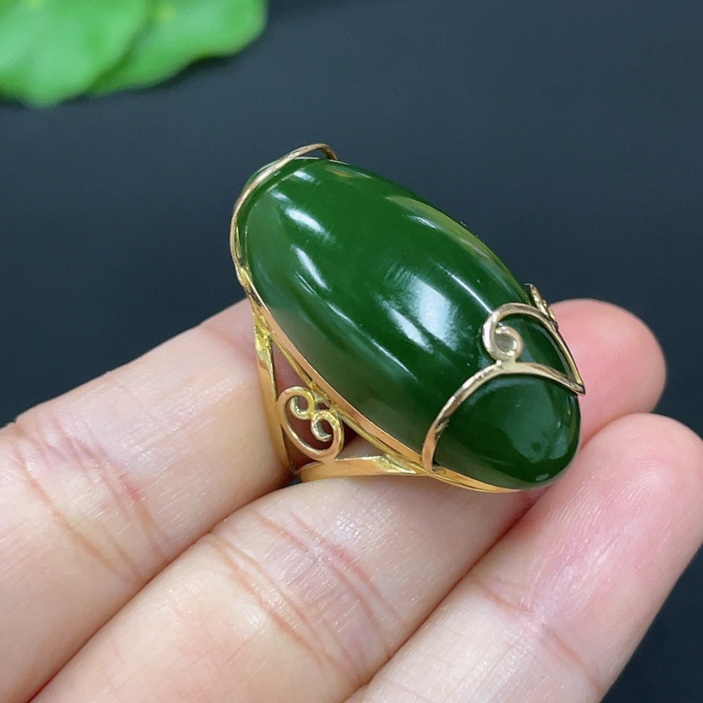 Hetian Jade Cabochon Ring with Tested 75% Gold Setting