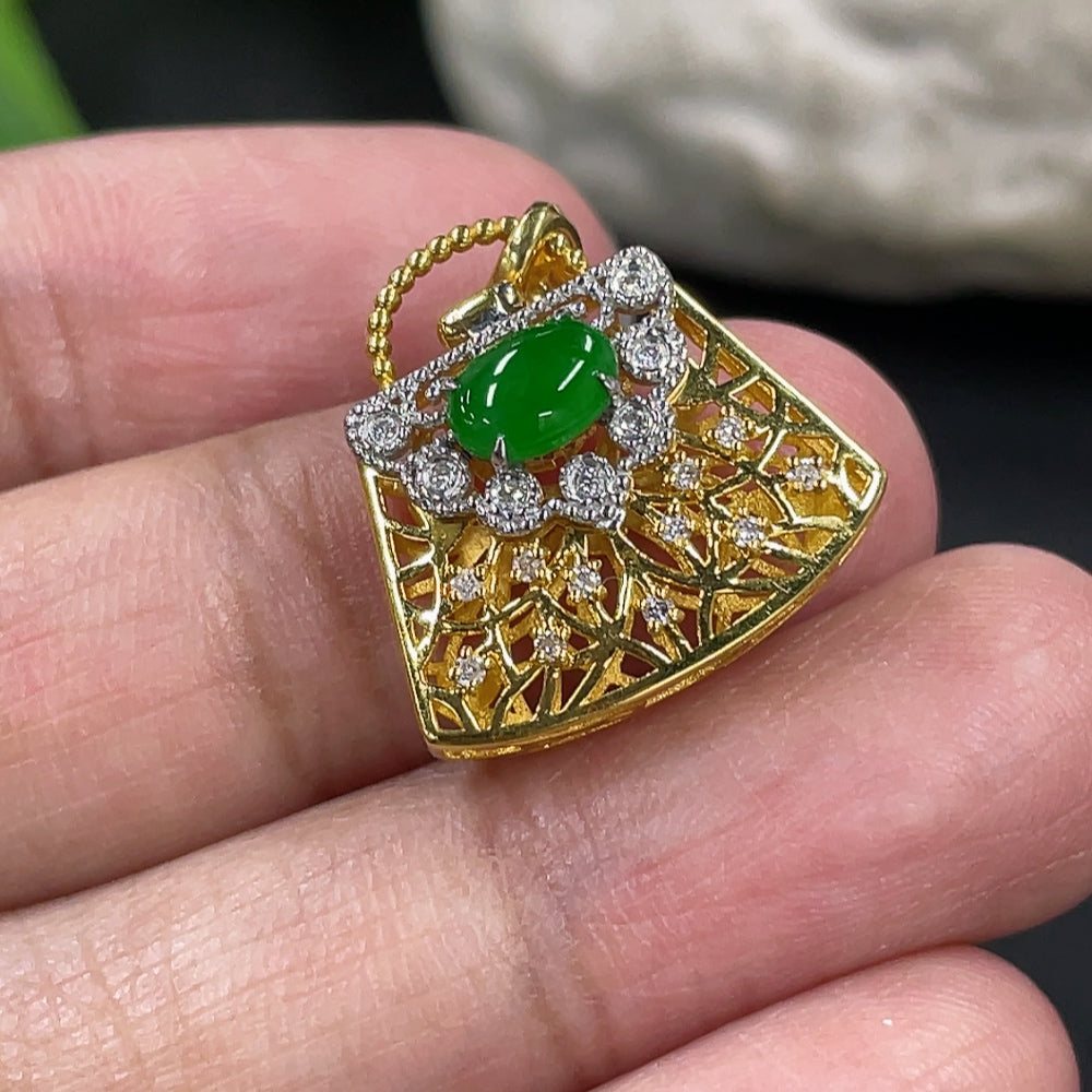 Jadeite Cabochon Pendant, 18K Gold Setting with Diamond Accents