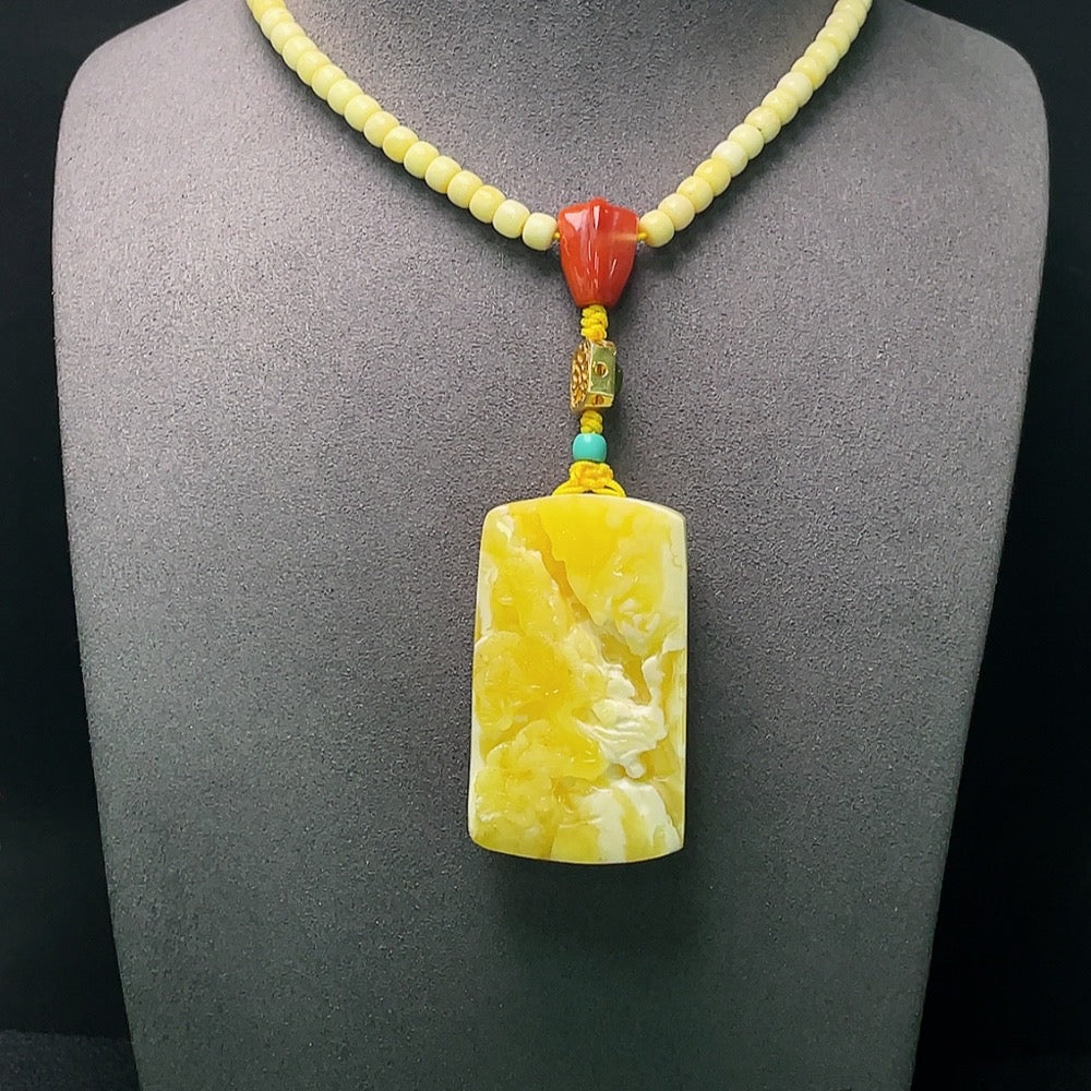 Amber Beeswax Pendant with Non-Natural/Non-Metal Accent Stones, Total Weight Approx. 37.25g (Incl. Chain)