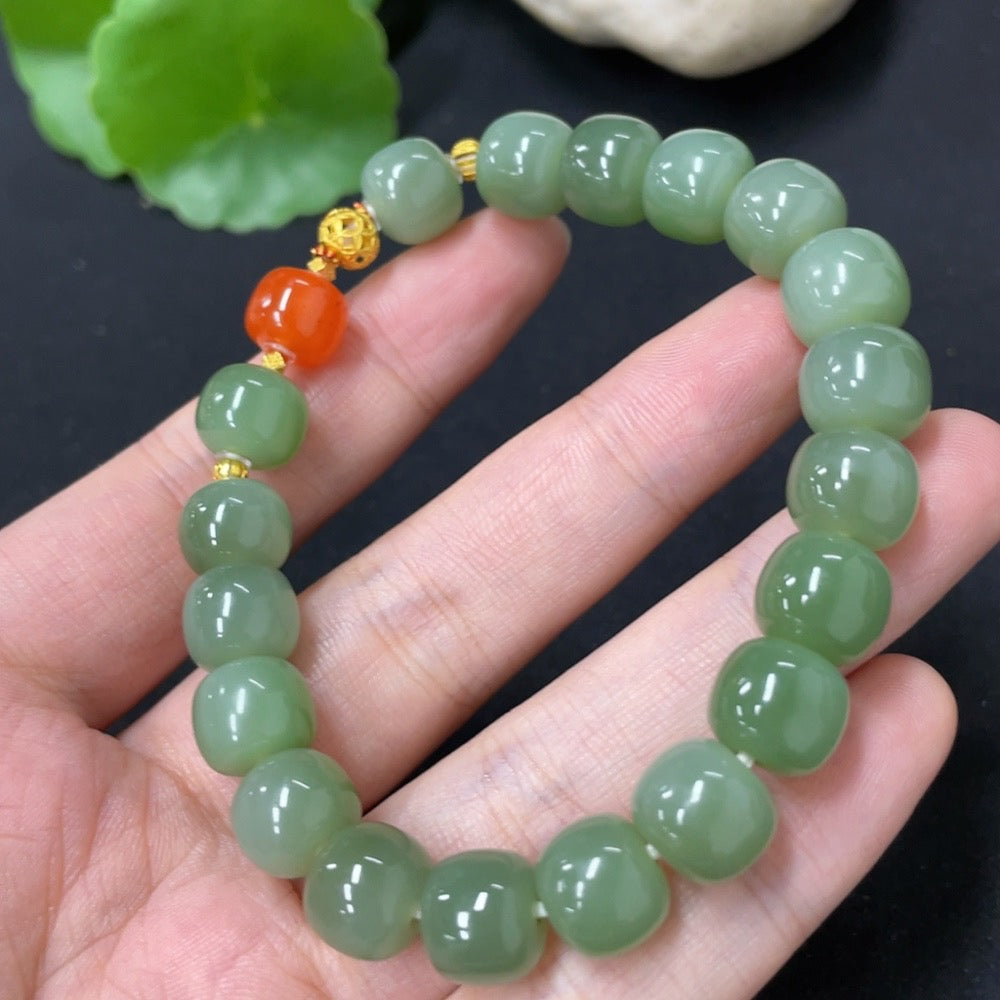 Hetian Jade Jasper Bracelet approx. 9.5mm no stamp gold-tested red spacer 66% gold content other parts 18k gold non-Hetian Jade bead (red)