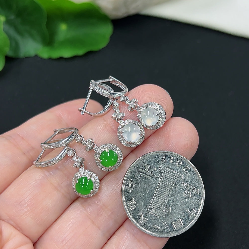 Jadeite inlaid earrings with diamond accents in 18K gold by HKHQ, showcasing intricate craftsmanship and elegant design.