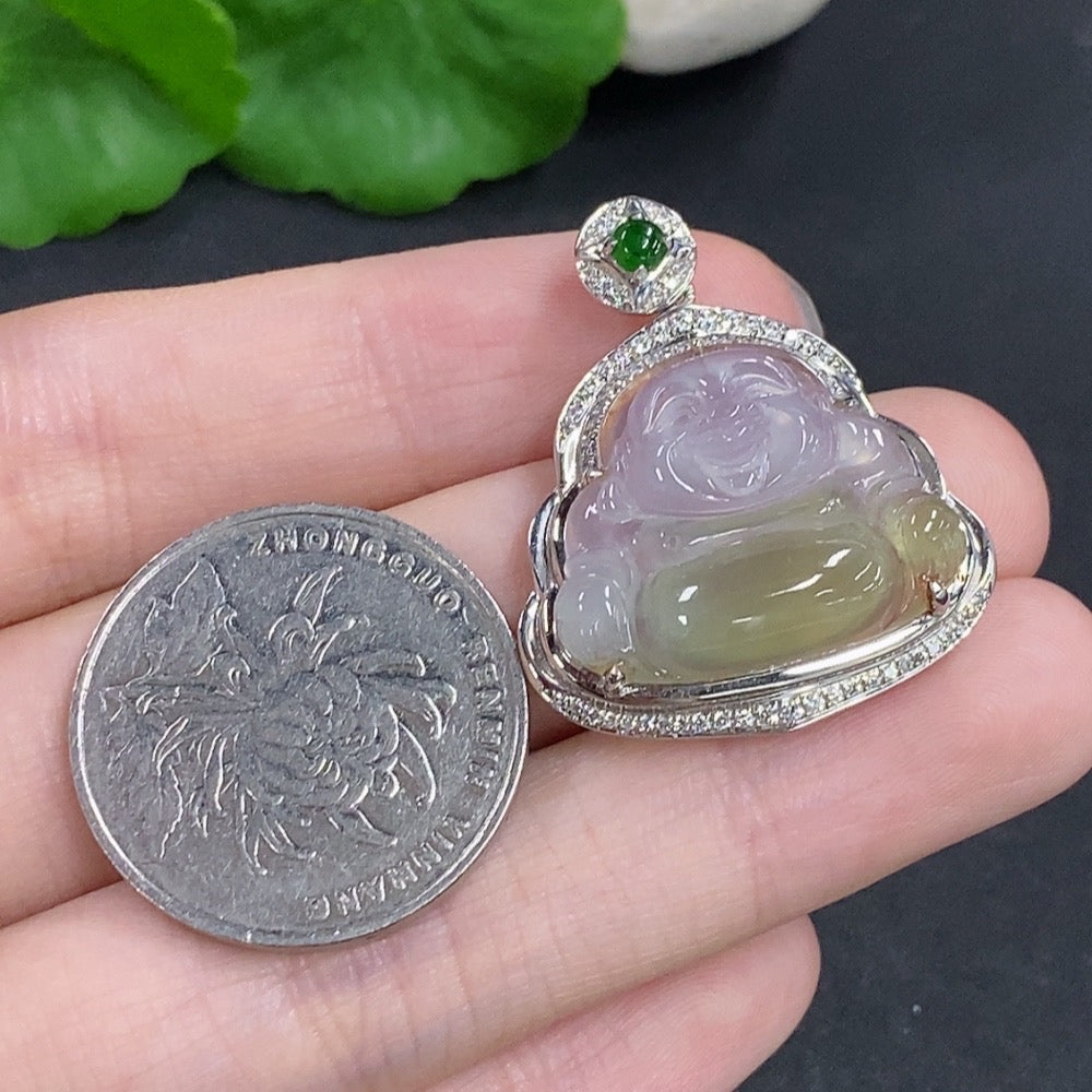 Jadeite Buddha Pendant with 18k Gold and Diamond Accents, Total Weight Approximately 5.2g