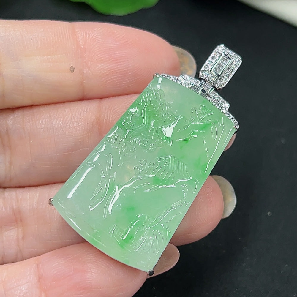 Jadeite landscape pendant with 18K gold and diamond accents, featuring intricate carved jade design, weighing approximately 9.7 grams.