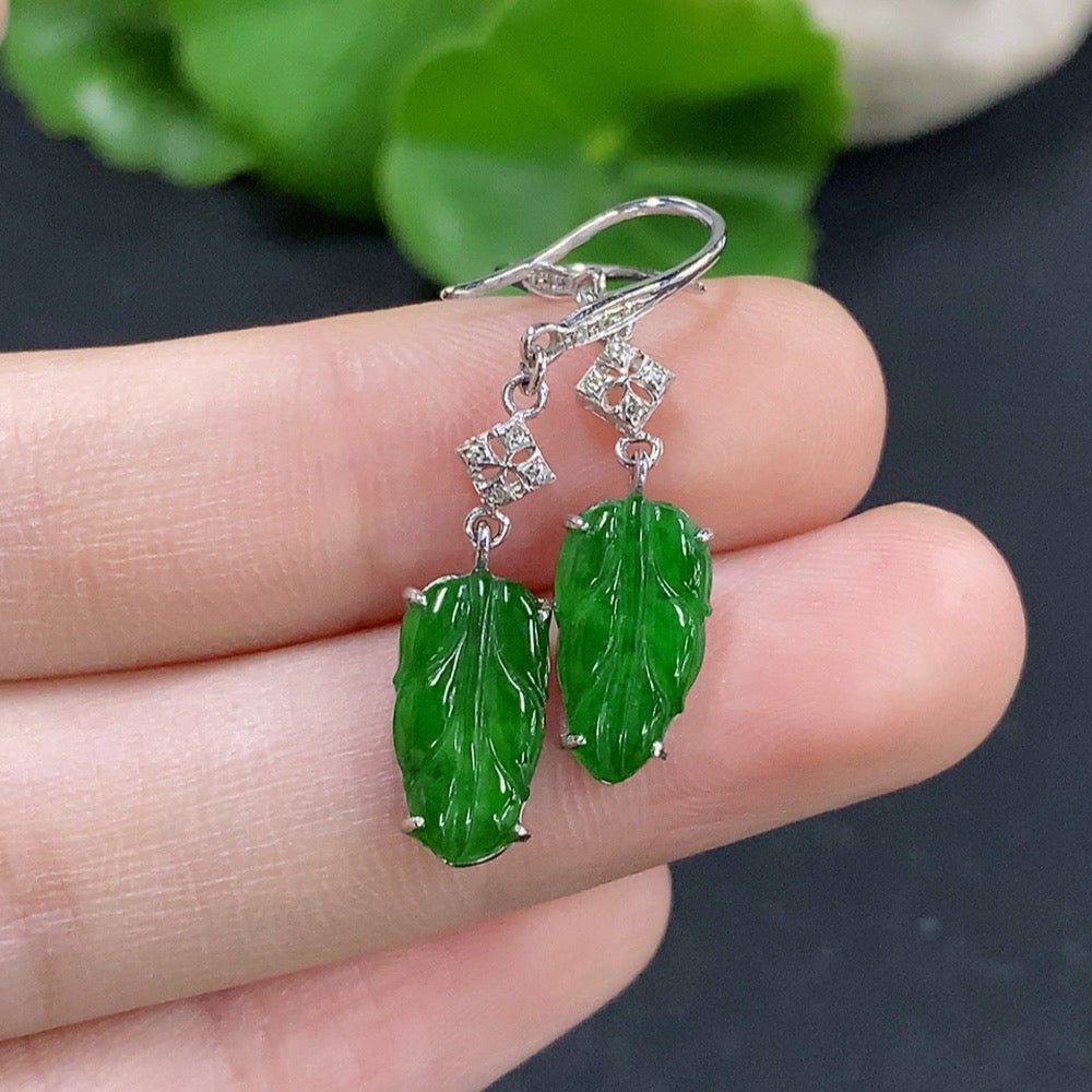 Jadeite leaf inlaid earrings by HKHQ featuring 18k gold and diamond accents, with a total weight of approximately 1.73 grams