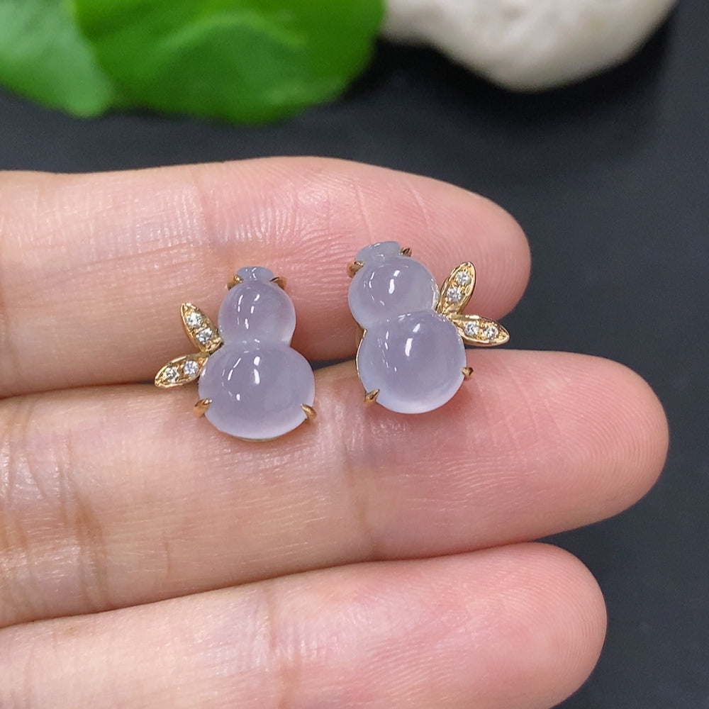 Jadeite Gourd Inlaid Earrings 18K Gold Total Weight Approximately 3.1g Without Ear Backs (Accented with Diamonds)