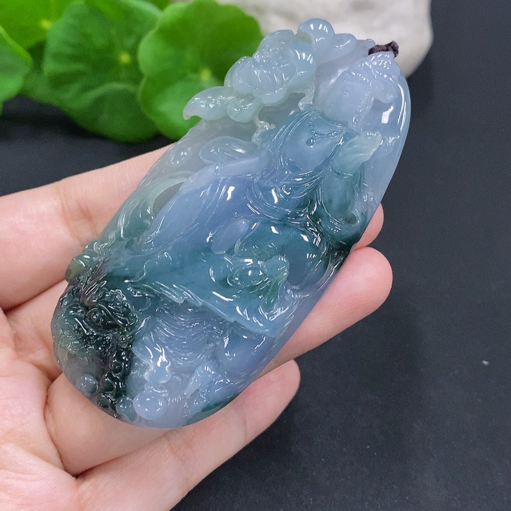 Jadeite Imperial Dragon Guanyin Pendant with Chain, Total Weight Approx. 128.2g (Color Origin Undetermined)
