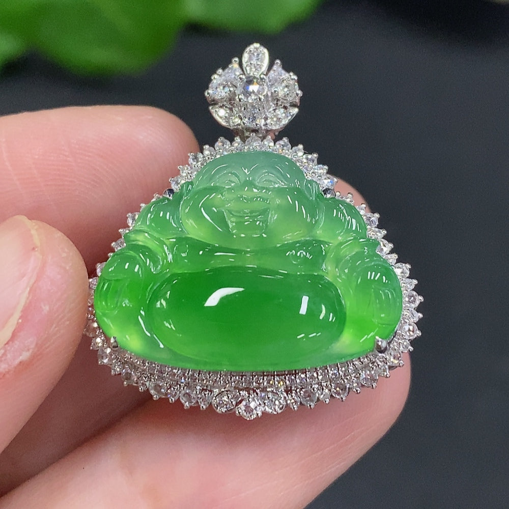 Jadeite Buddha Pendant with 18K Gold Setting, Total Weight Approx. 7.2g (Diamond Accented)