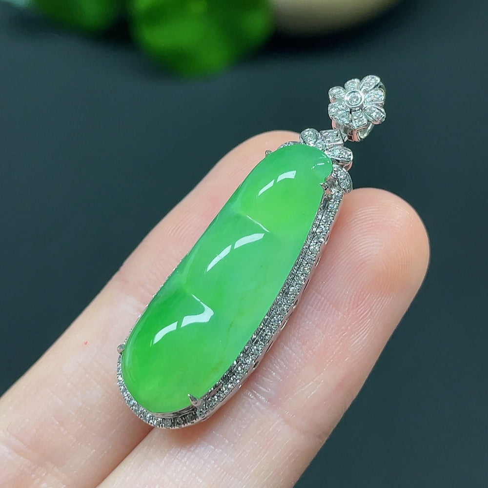 Jadeite Bean Pendant with 18K Gold and Diamond Accents