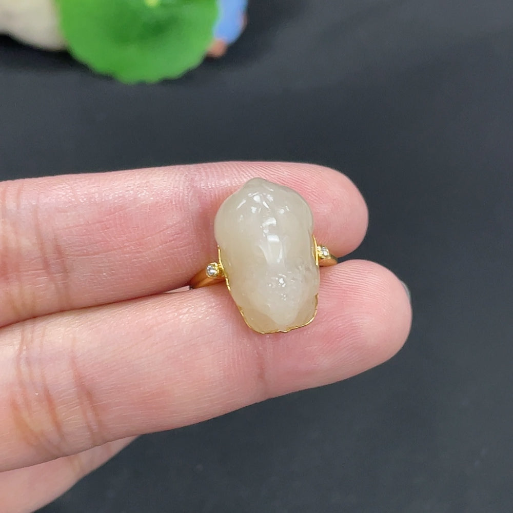 Hetian Jade Inlaid Auspicious Beast Ring Size 15 Total Weight Approx. 6g 18k Non-Diamond