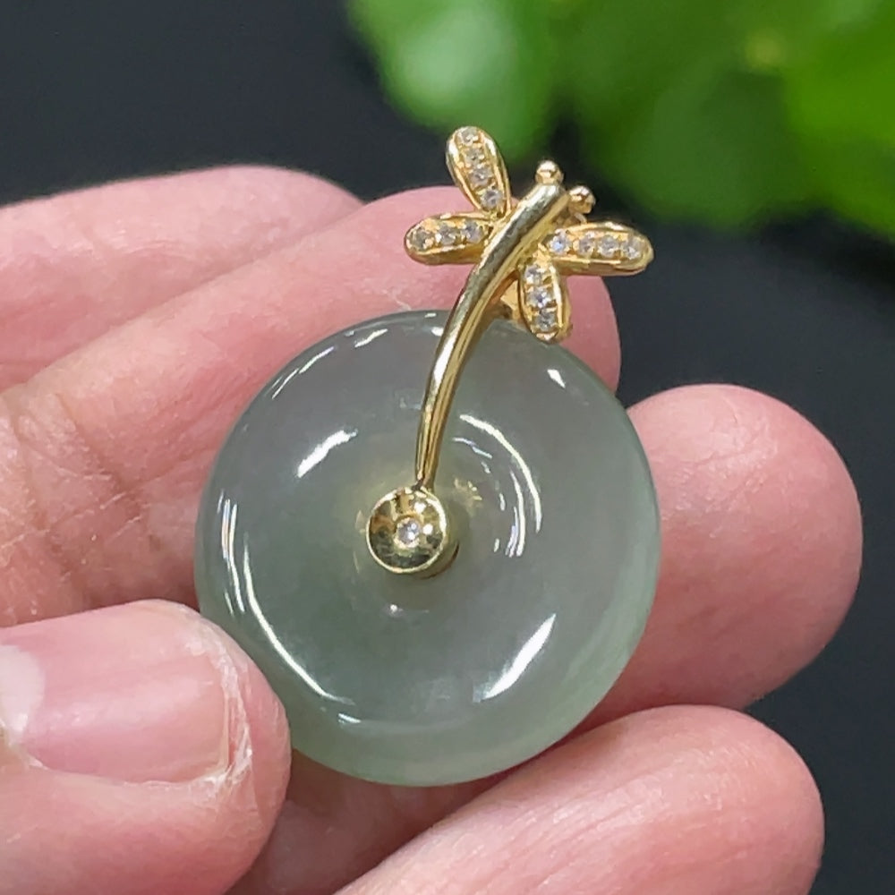 Jadeite Peace Pendant with 18K Gold Bail and Diamond Accents, Total Weight Approx. 5g
