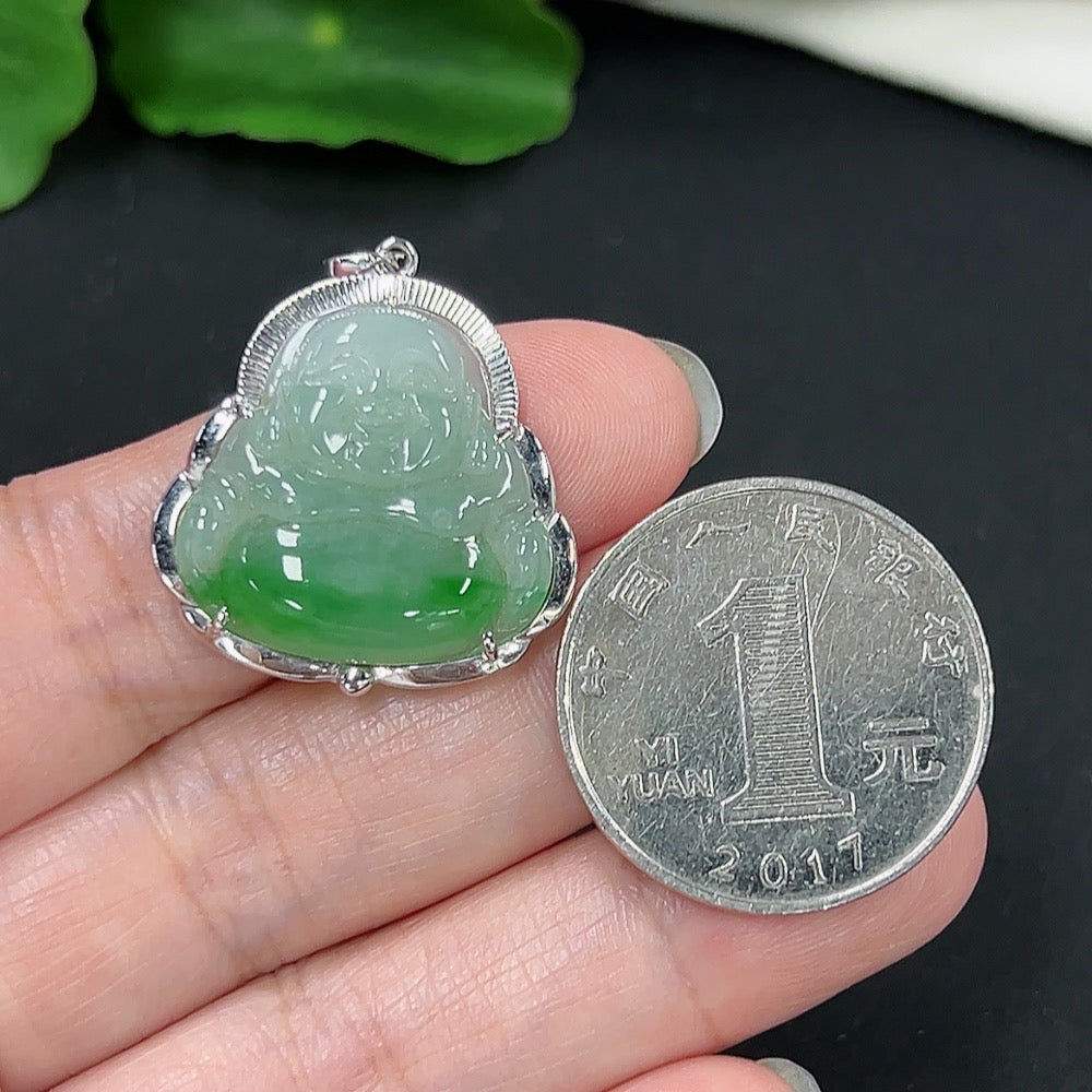 Jadeite Buddha pendant with 18k gold setting, showcasing detailed craftsmanship, on a necklace chain, weighing approximately 4.43g.