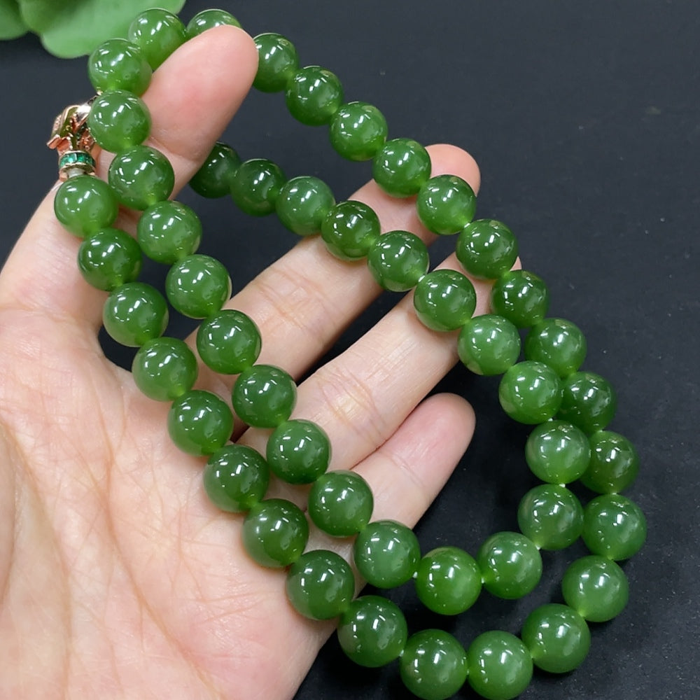 Green Hetian Jade Bead Necklace, Non-Gold