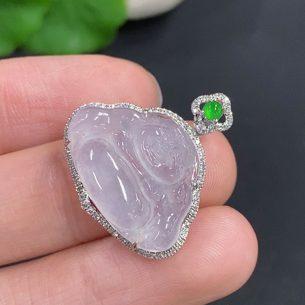 Jadeite Buddha Pendant Set in 18K Gold, Total Weight Approx. 3.7g (with Diamond Accents)