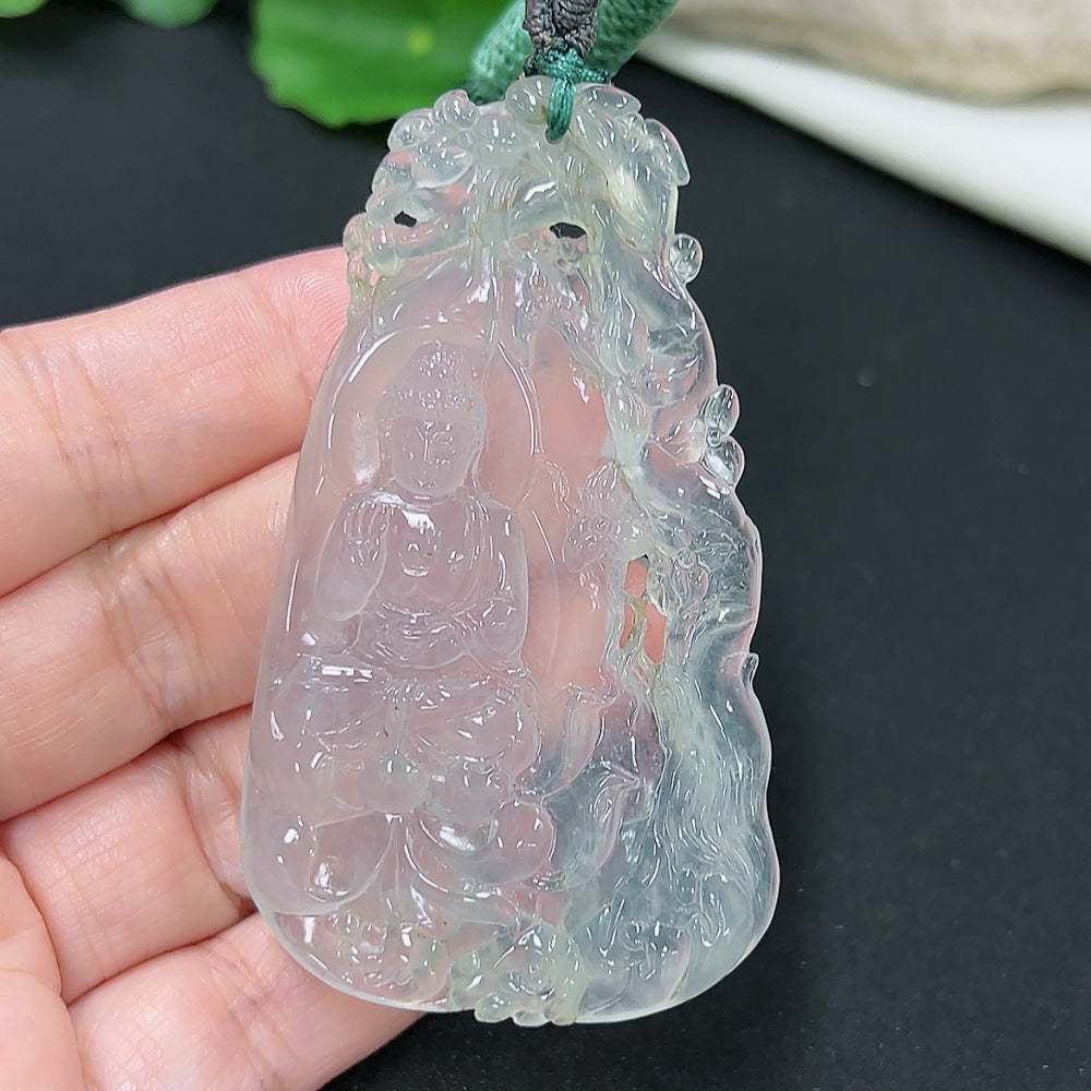Jadeite Guanyin pendant with cord, crafted from green jade, weighing approximately 27.4g, featuring intricate detailing and smooth finish.