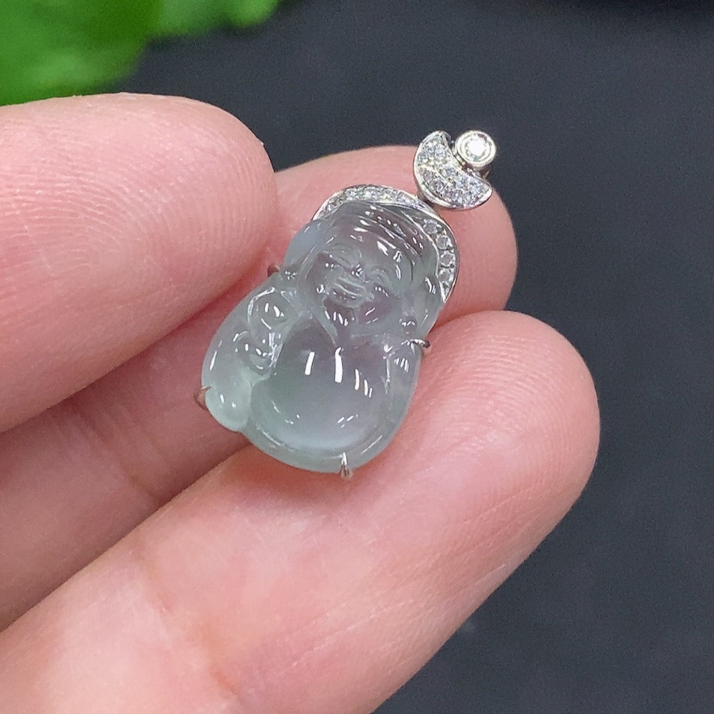 Jadeite Maitreya Inlaid Pendant 18k Gold Total Weight Approx. 1.7g with Diamond Accents