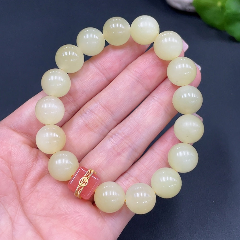 Hetian Jade Beaded Bracelet, Approx. 12mm, Total Weight Approx. 46.6g, Non-Hetian Jade Beads Included