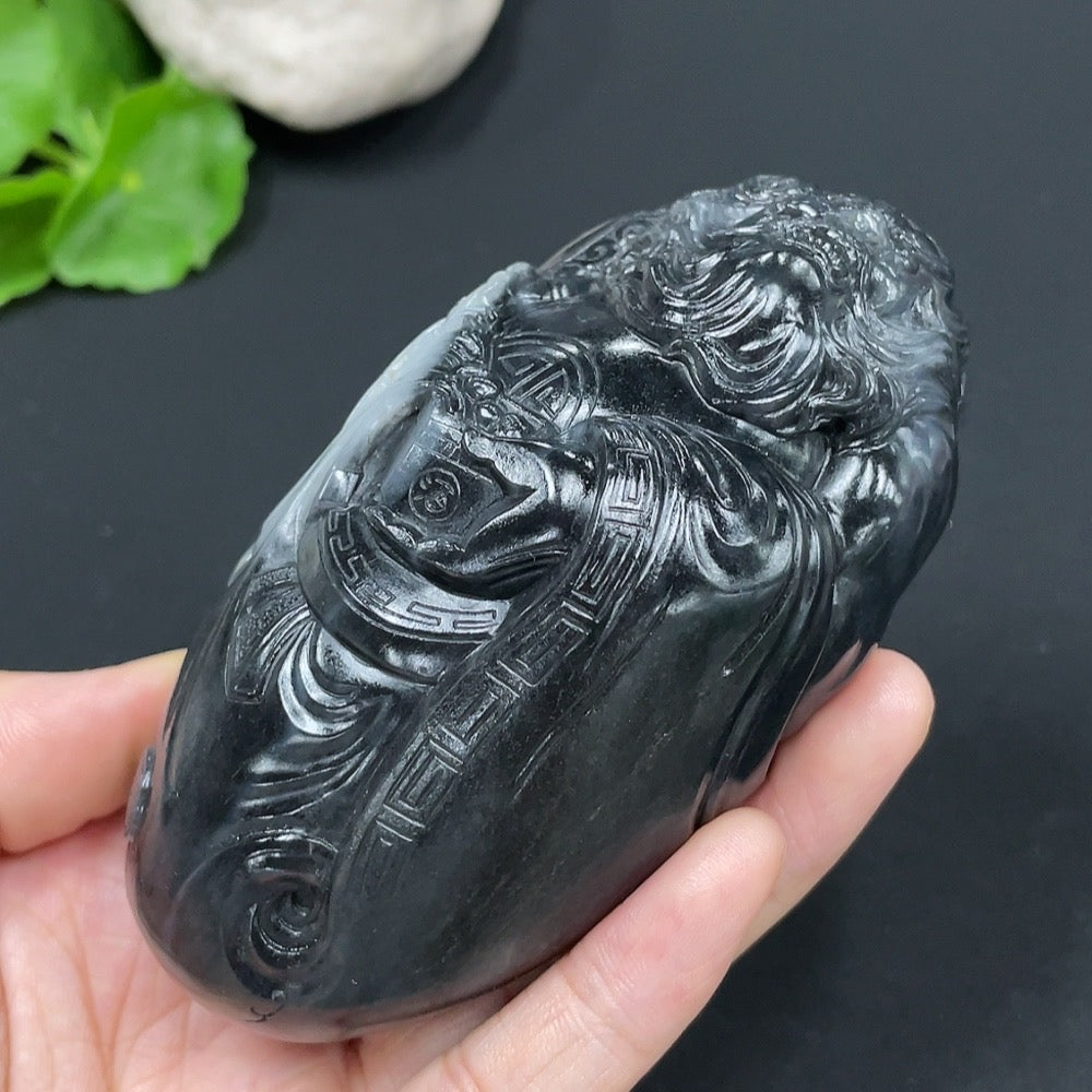 Hetian Jade Black and White Seed Material Handheld Piece - Zhong Kui, Total Weight Approx. 349.4g
