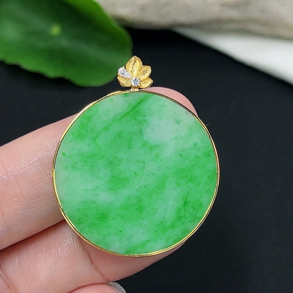 Jadeite plain pendant necklace with 18K non-diamond setting, showcasing smooth green jadeite gemstone on a delicate chain.