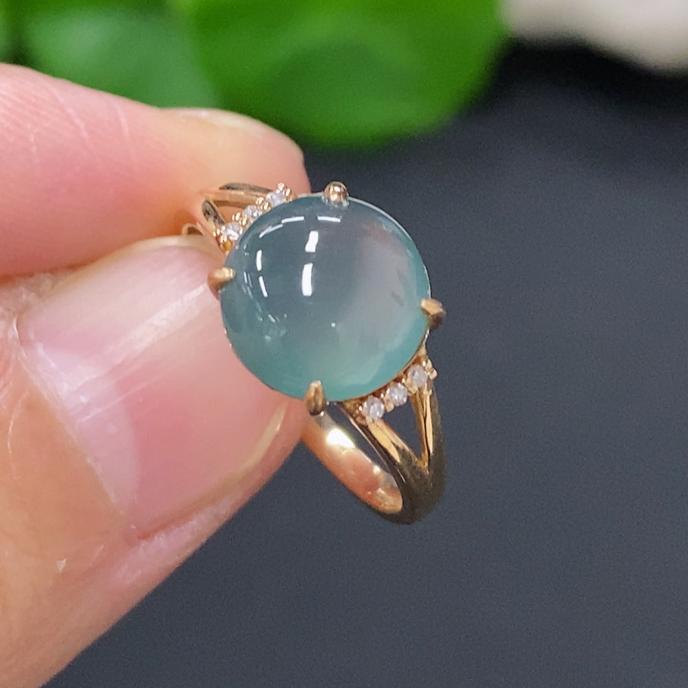 Jadeite Cabochon Ring 18K Gold Size 13 Total Weight Approx. 2.4g (With Diamond Accents)