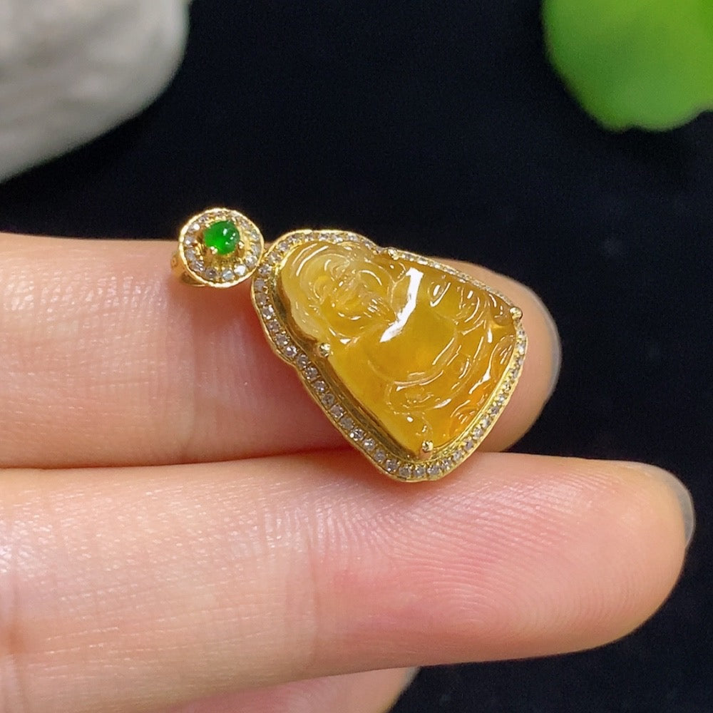 Jadeite Wealth God pendant with 18K gold and diamond accents, showing detailed carved jade design and gold inlay.