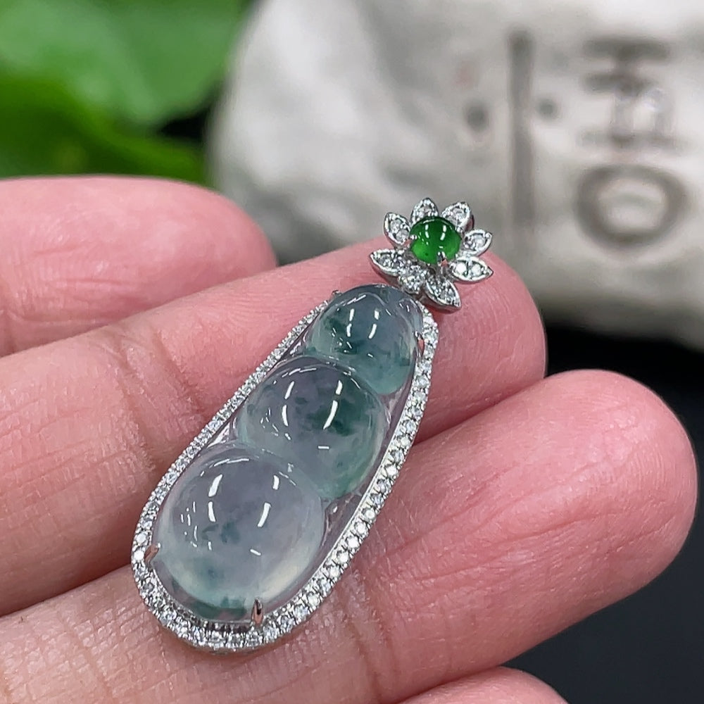 Jadeite Lucky Bean Pendant with 18K Gold and Diamond Accents, Total Weight Approx. 2.67g