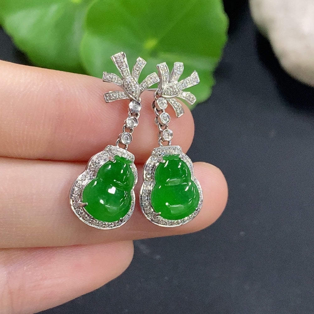 Jadeite Gourd Inlaid Earrings 18k with Diamond Accents