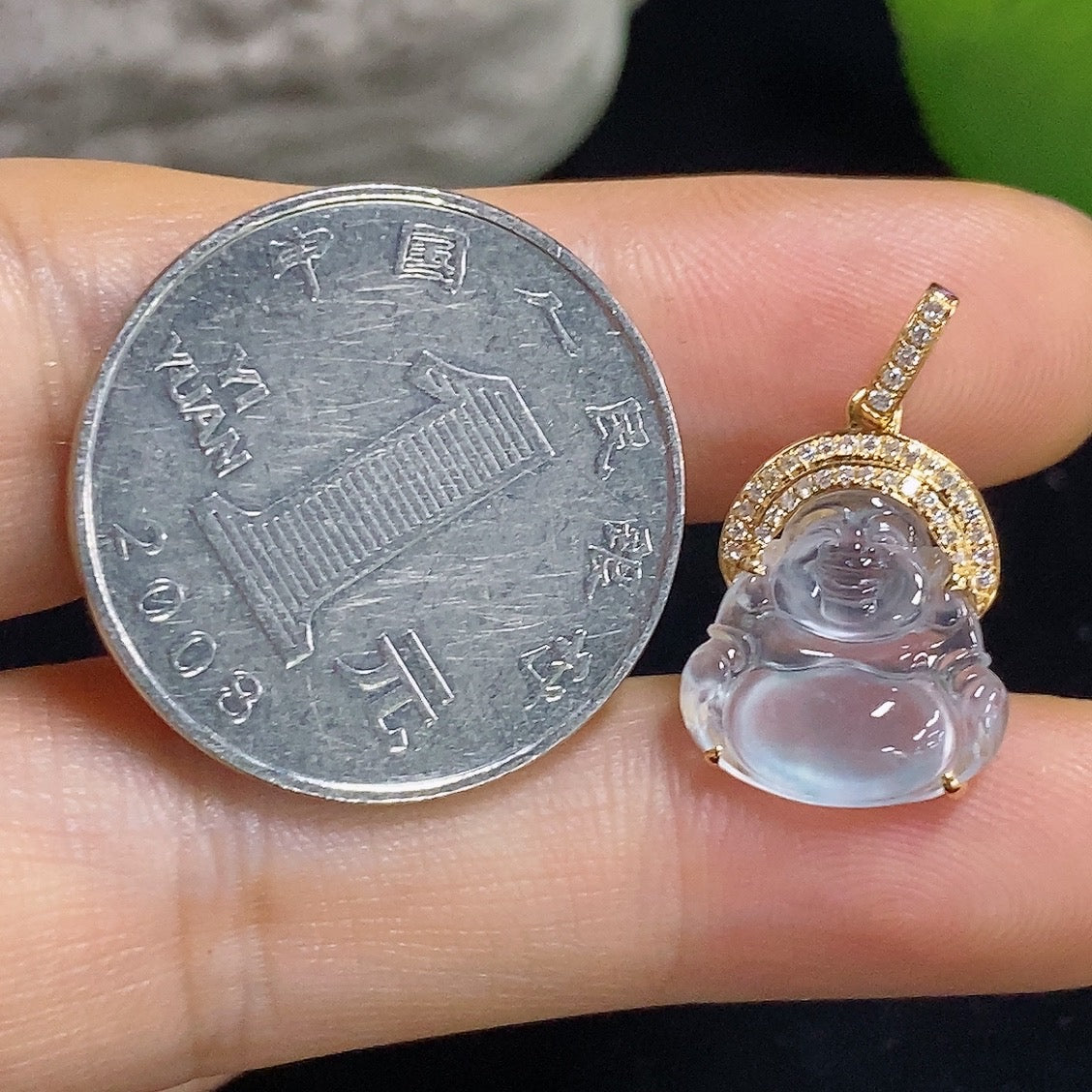 Jadeite Buddha Pendant Set in 18k Gold with Diamond Accents, Total Weight Approx. 1.97g (Including Setting)