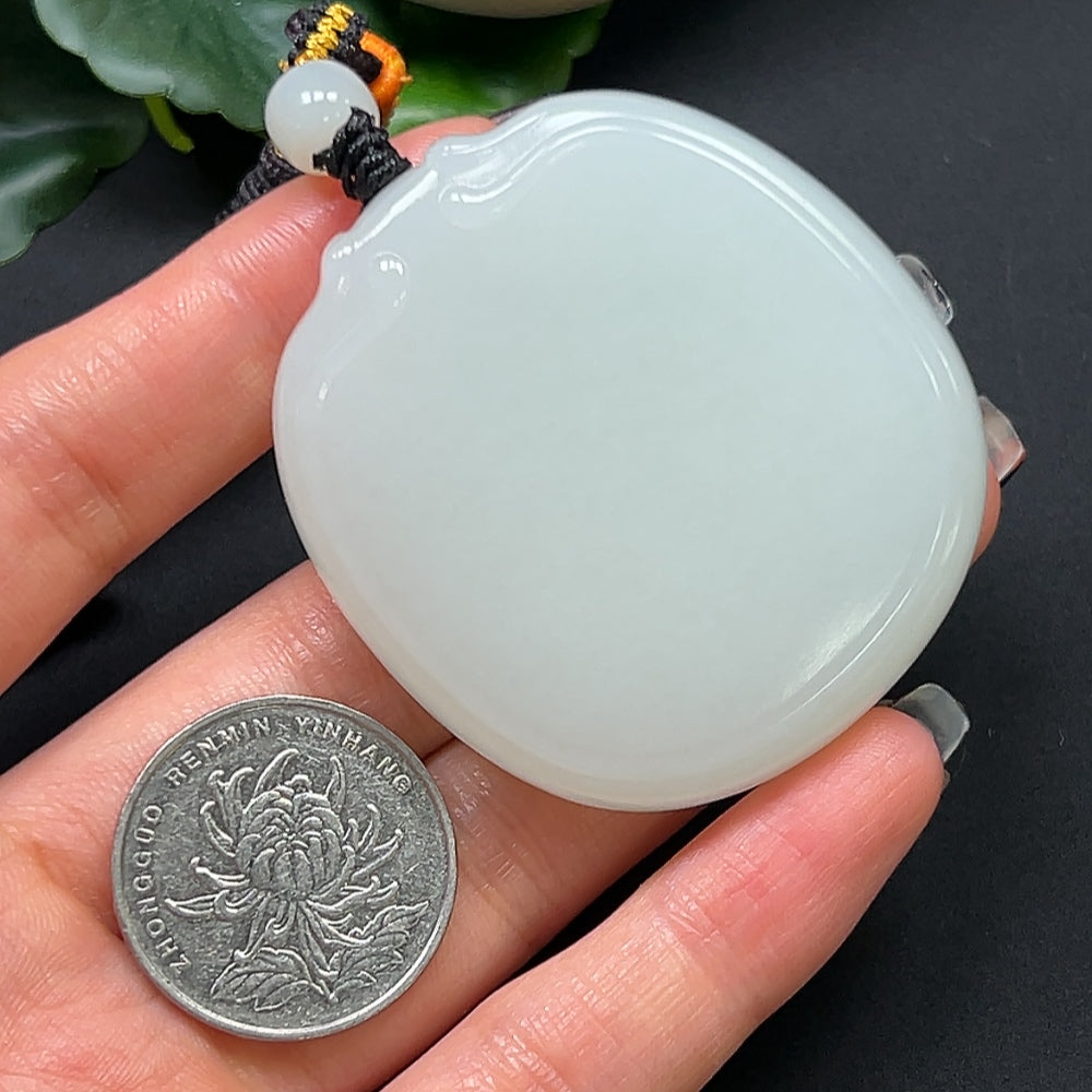 HKHQ Hetian Jade plain pendant with rope, weighs approximately 64.08g, featuring smooth, polished jade surface with simple design.