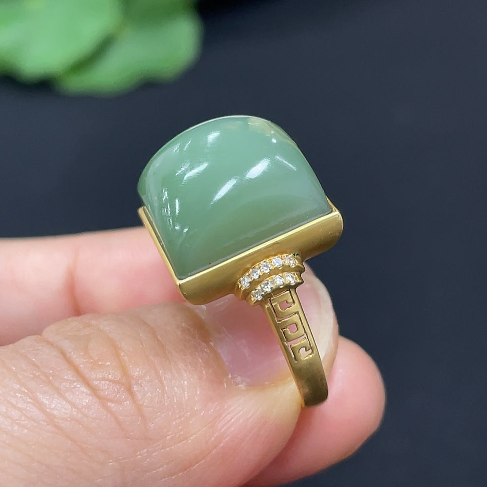 Hetian Jade Jasper Inlaid Ring, 18k Gold, Size 12, Total Weight Approx. 6.2g, Diamond Accents