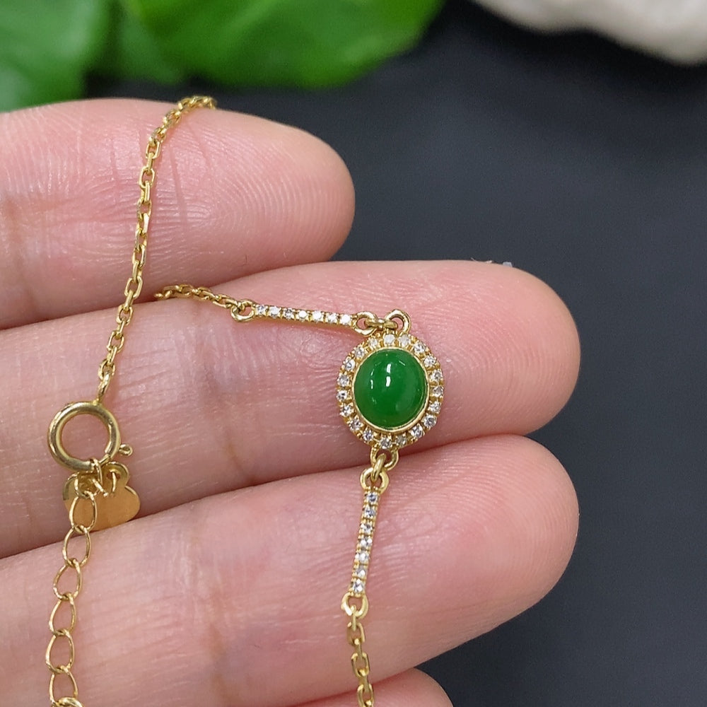 Jadeite Cabochon Inlay Bracelet 18K Gold Total Weight Approx. 1.1g (With Diamond Accents)