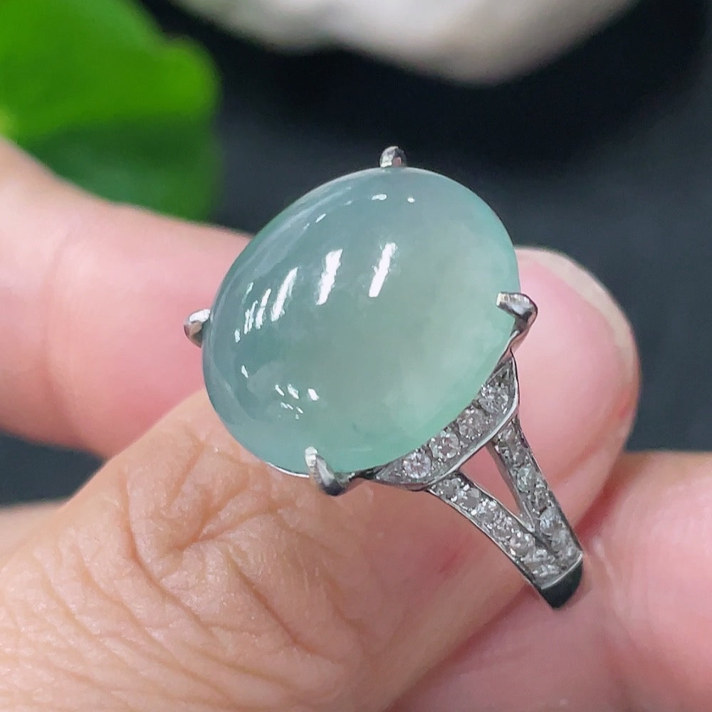 Jadeite Inlaid Ring 18k with Diamond Size 15 Total Weight Approx. 5.85g
