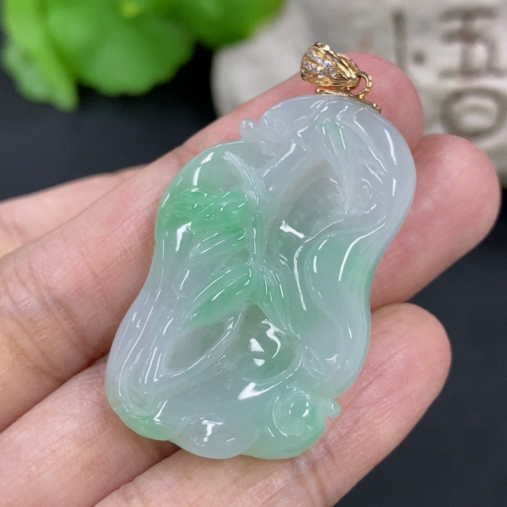 Jadeite Ascending Node Pendant, Total Weight Approx. 12.88g, 18K Gold Clasp, Diamond Accents
