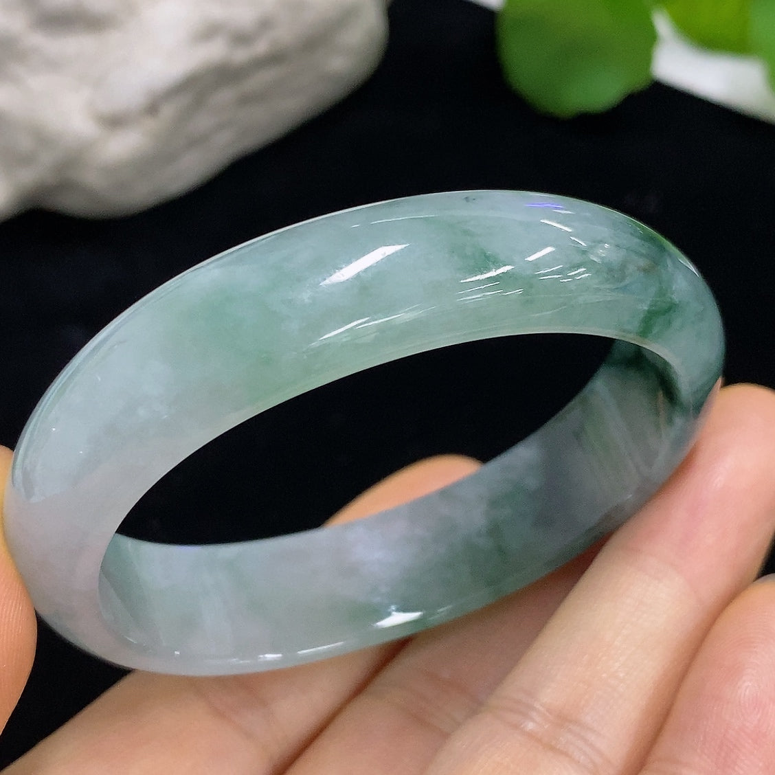 Jadeite Concubine bracelet by HKHQ, 37.7g weight, size 53.8/45.6, featuring smooth jadeite beads and intricate design.
