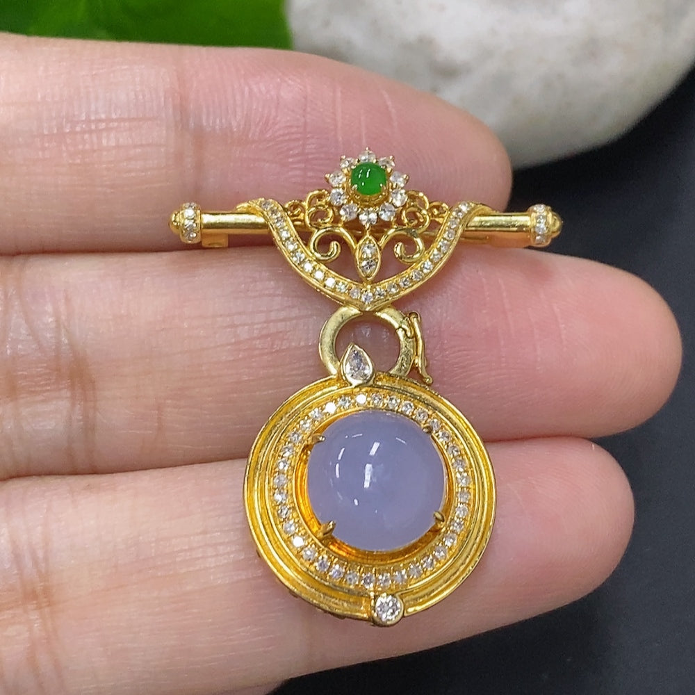 Jadeite Cabochon Brooch 18K Gold Total Weight Approx. 4.4g (With Diamond Accents)