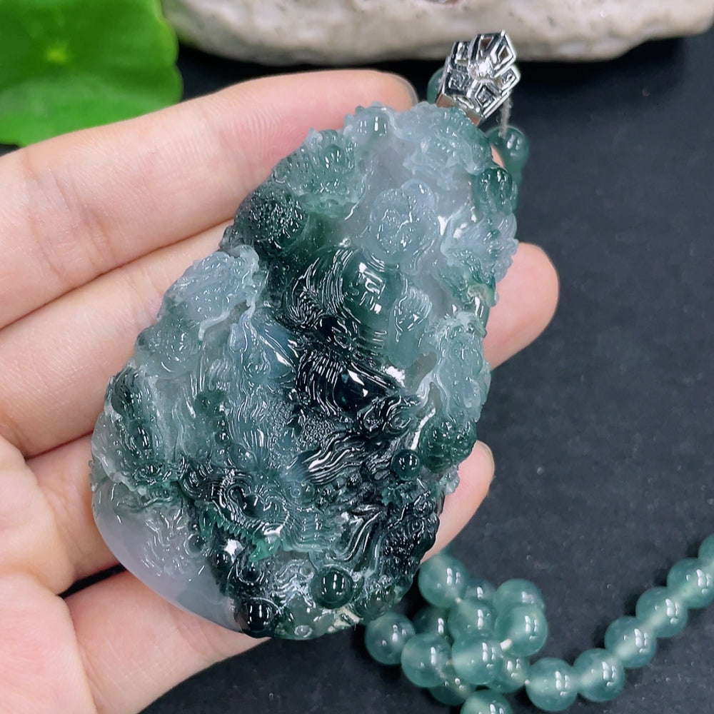 Jadeite Dragon Guardian Pendant with 18K Gold and Diamond Accents, Total Weight Approx. 95.54g (Including Chain)